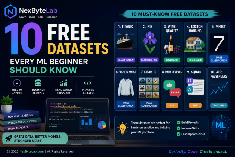 nfographic showing 10 free datasets for machine learning beginners across classification, regression, computer vision, NLP, and time-series projects.