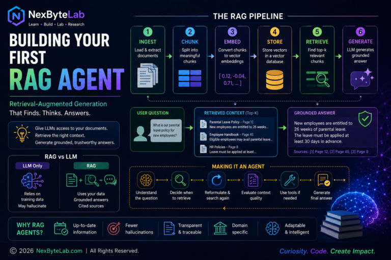 Building your first RAG agent: diagram showing how it ingests and chunks documents, creates embeddings, stores vectors, retrieves relevant context, and uses an LLM to generate a grounded answer with sources.