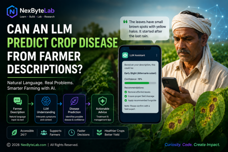 Indian farmer describing crop symptoms to an LLM-based AI system that analyses natural-language descriptions to predict possible crop diseases and provide decision-support information.