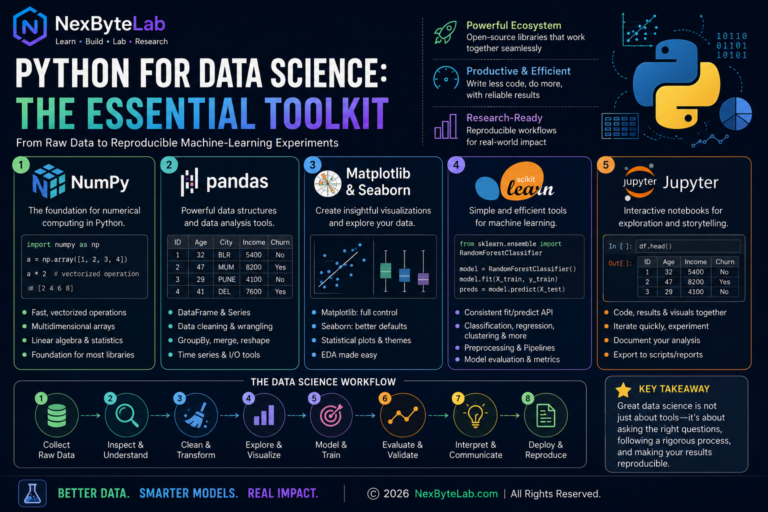 Infographic showing the essential Python data science toolkit with NumPy, pandas, Matplotlib, Seaborn, scikit-learn, Jupyter, and the workflow from raw data to model evaluation and reproducible results.