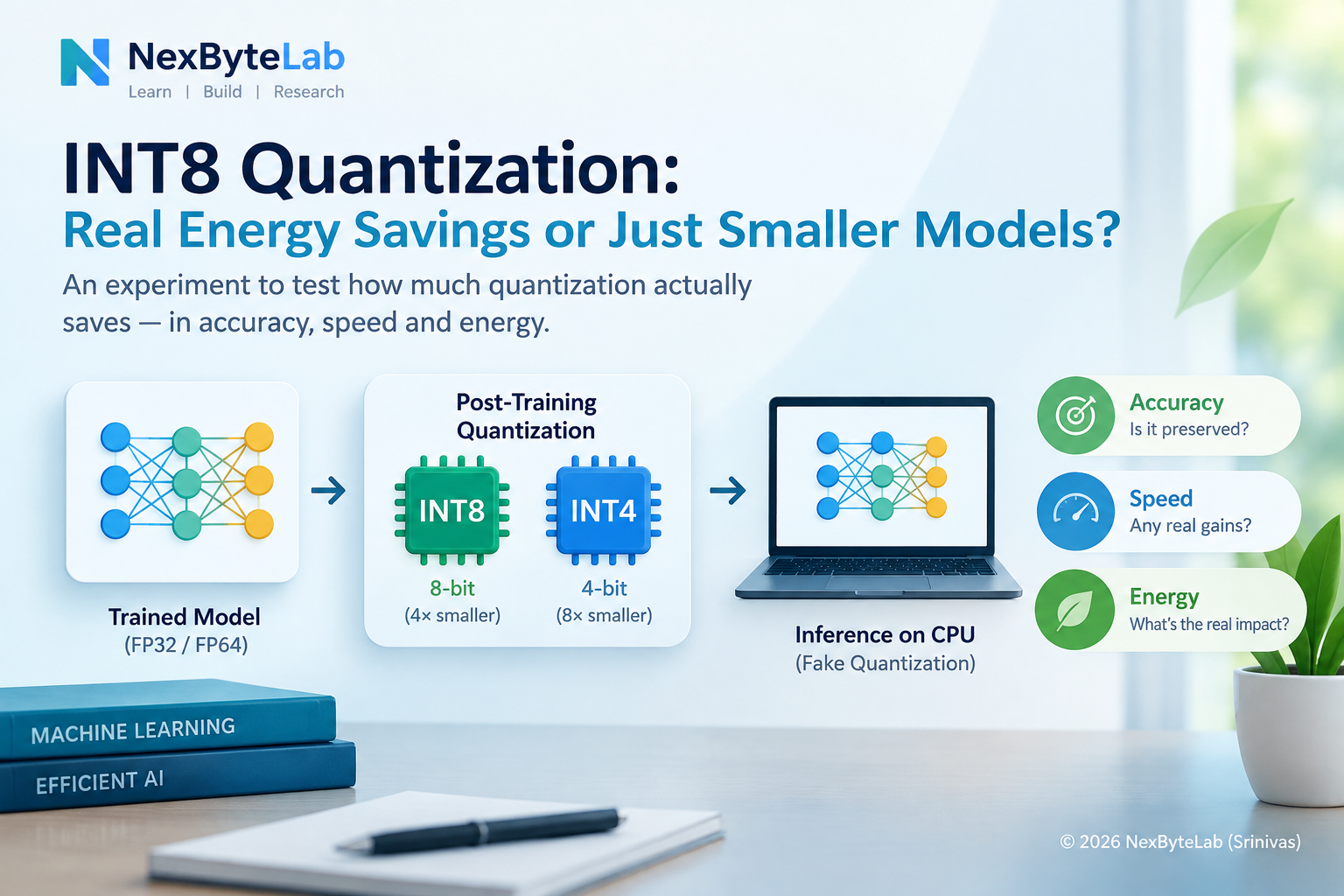 INT8 quantization experiment comparing accuracy, speed and energy savings
