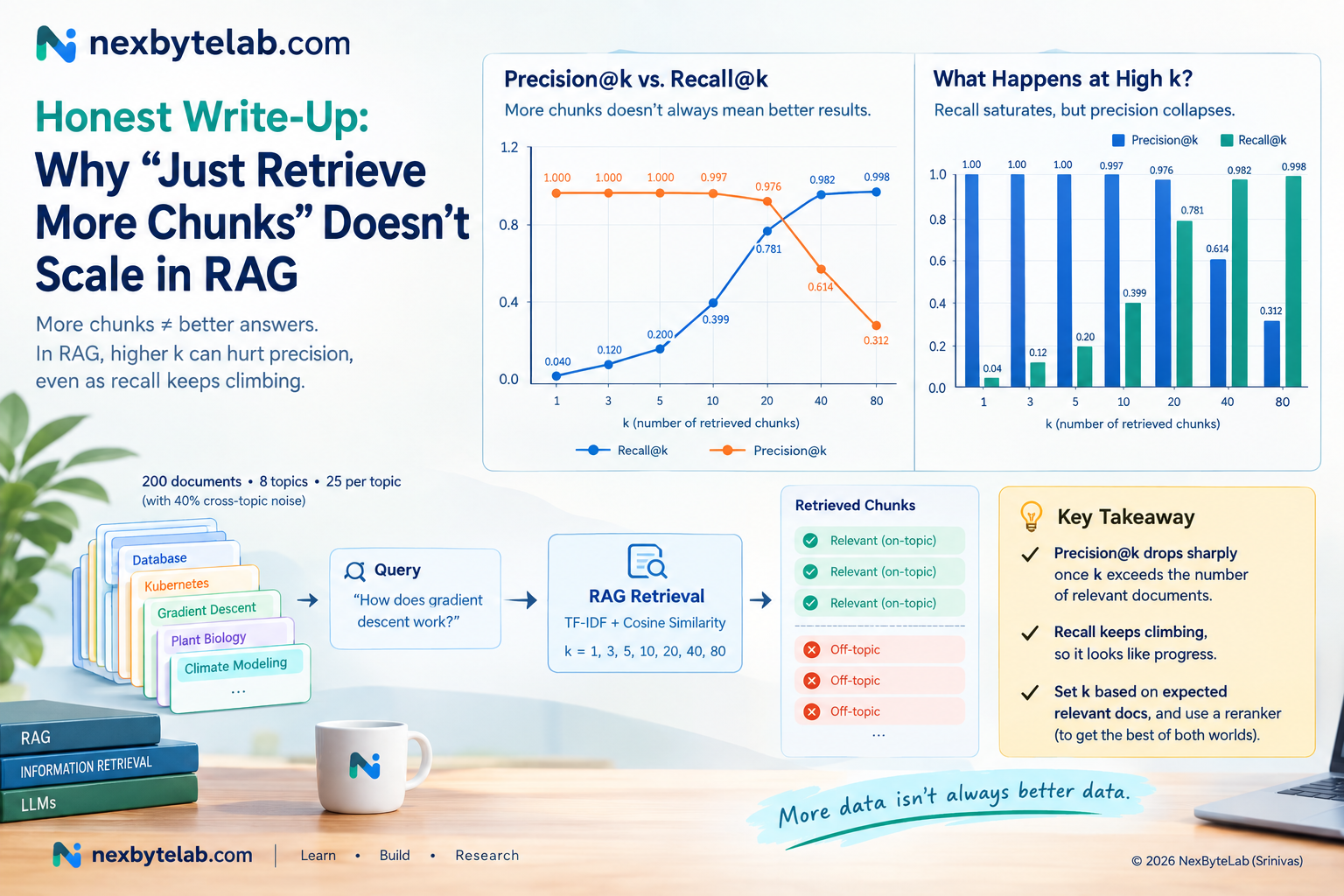 RAG top-k retrieval precision experiment: precision falling as more chunks are retrieved while recall keeps increasing