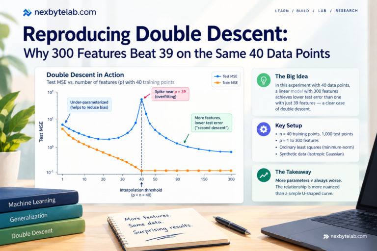 Double descent test MSE curve showing a spike near 39 features and declining error as features increase to 300