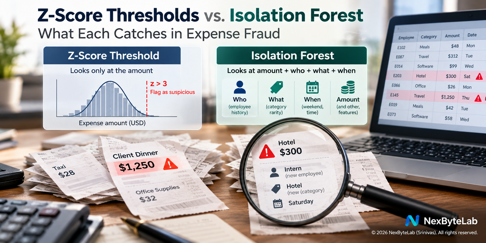 Z-score thresholds vs Isolation Forest comparison showing amount-based and contextual expense fraud detection